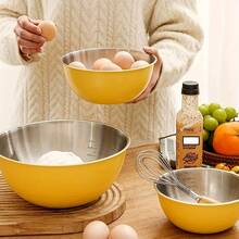Bộ 3 món bằng thép không gỉ gồm bát trộn, khay nướng, bát salad, tô đánh trứng, nồi và tô nhào bột. Đồ dùng nhà bếp, màu kem, dụng cụ nhà bếp, bát lớn, khay nướng, tô đánh trứng, tô đánh kem, tô nhào bột. - Xem 6
