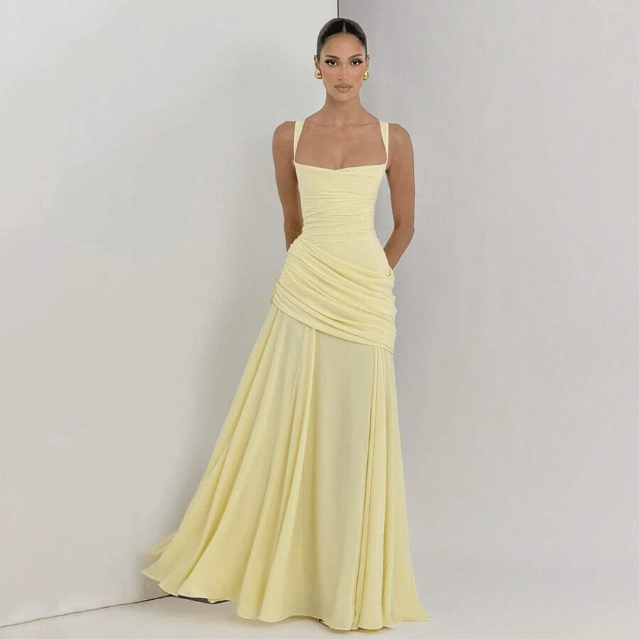 Temperament Solid Color Low-Cut Pleated Suspender Waist Backless Dress - Yellow - View 1