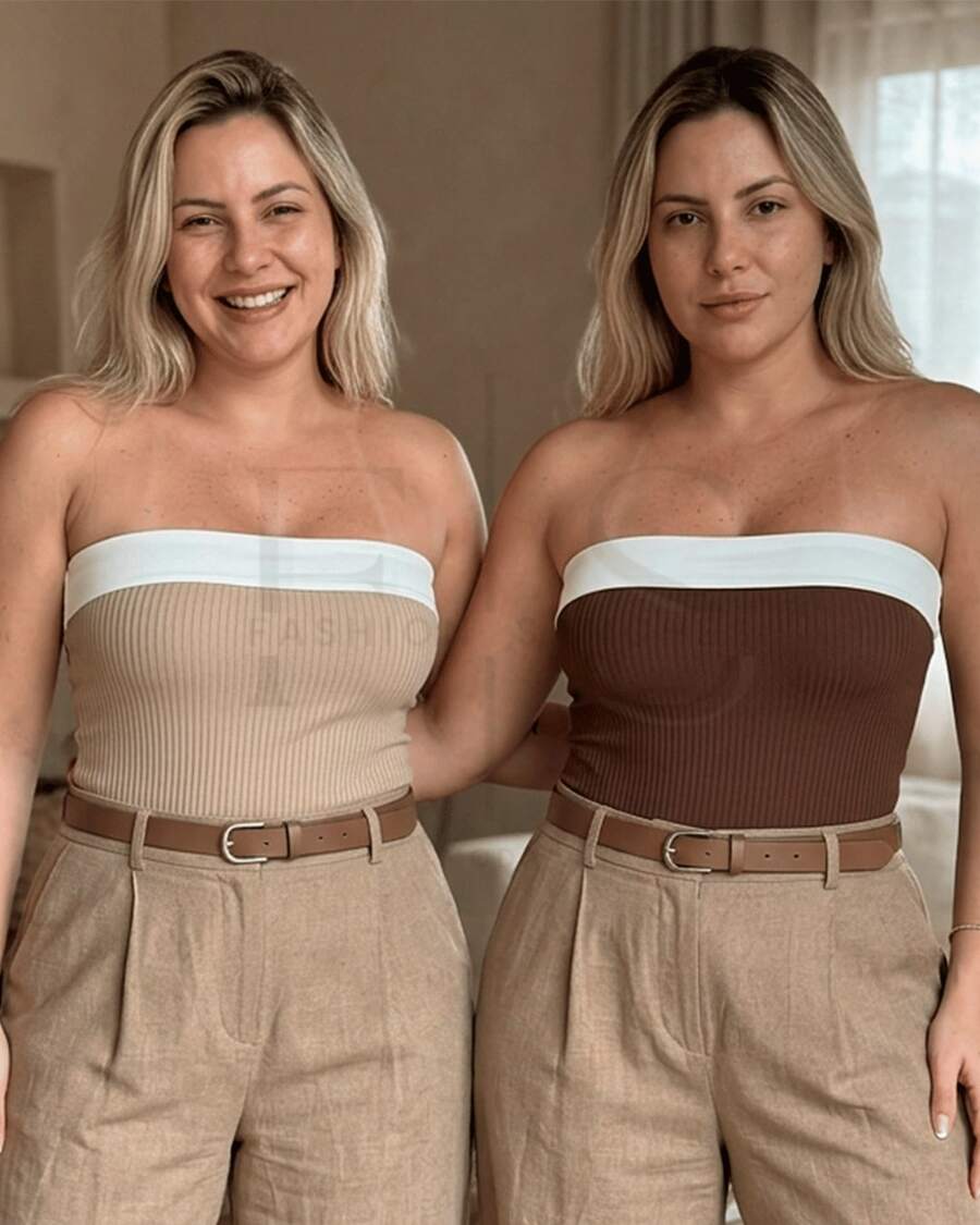 Kit 2 Body Feminino Tomara que Caia Bicolor Canelado Anarruga Premium - NUDE E MARROM - Visão 1