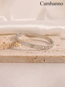 5/1pc Classy Artistic Stainless Steel Bangle Set, 5Pcs Essential Stackable Accessory With Inlaid Decor & Mixed Design, Great For Daily Routines And Special Occasions, Stylish Addition To Your Jewelry Collection, Wonderful Surprise For Partners And Family Members, Complements Office Attire And Party Dresses Equally Well, Show Your Gentle Taste - Silver - View 6