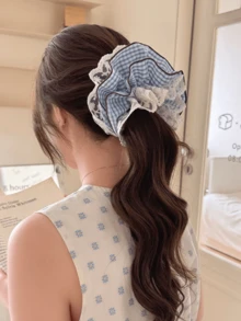 1pc Blue & White Plaid Double-Layer Lace Scrunchie, French Romantic Low Ponytail Hair Tie, Fashionable Hair Accessory For Spring/Summer - Multicolor - View 4