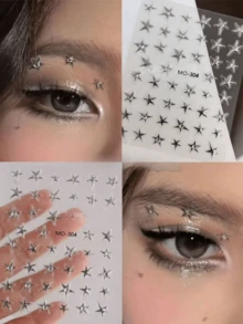 星星脸部贴/水钻星星脸部贴 - 音乐节妆容的理想之选。闪亮百搭，完美契合各种妆容。星星与水钻的组合打造优雅的脸部装饰（自粘式），演唱会妆容，脸部宝石。 - 彩色 - 查看 4