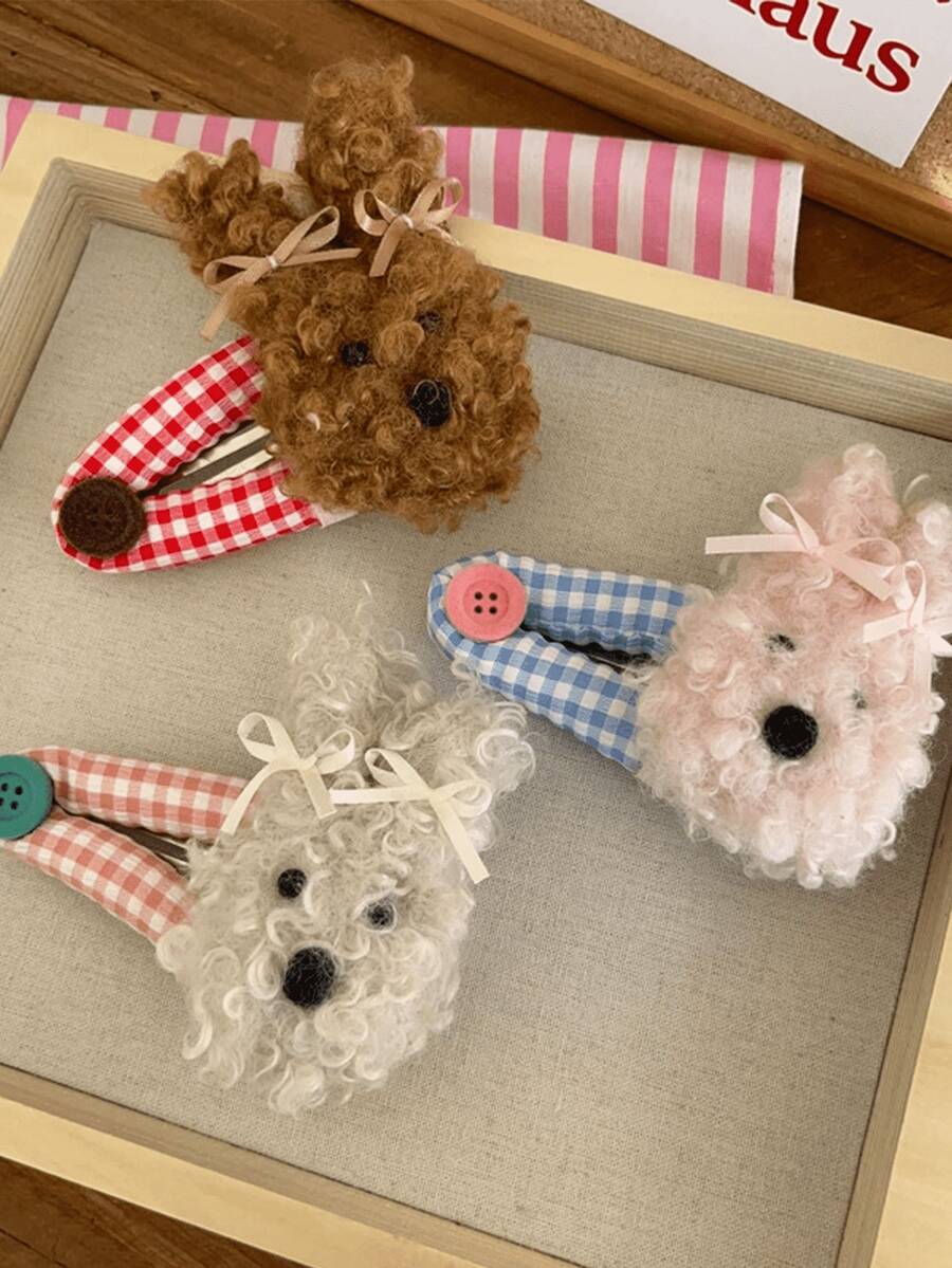 1pc Curly Plush Rabbit & Puppy Large BB Clip, Cute Furry Plaid Sponge Hair Clip - Multicolor - View 1