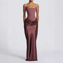 Waist-Closed Sexy Tube Top Hip-Wrapped Satin Lace-Up Dress - Reddish-brown - View 1