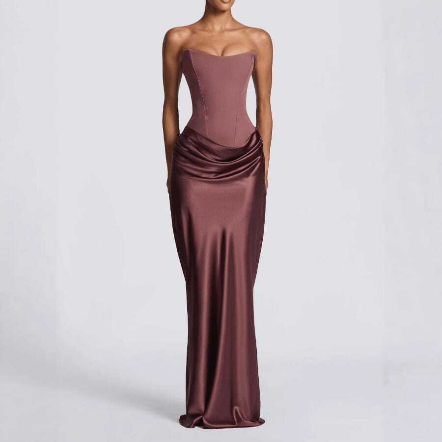 Waist-Closed Sexy Tube Top Hip-Wrapped Satin Lace-Up Dress - Reddish-brown - View 1