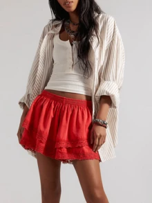 Womens Layered Ruffle Bloomers Elastic Waist Solid Color Shorts Summer Mini Shorts Polyester With Floral Lace Trim Frilly Lolita Shorts - Red - View 2