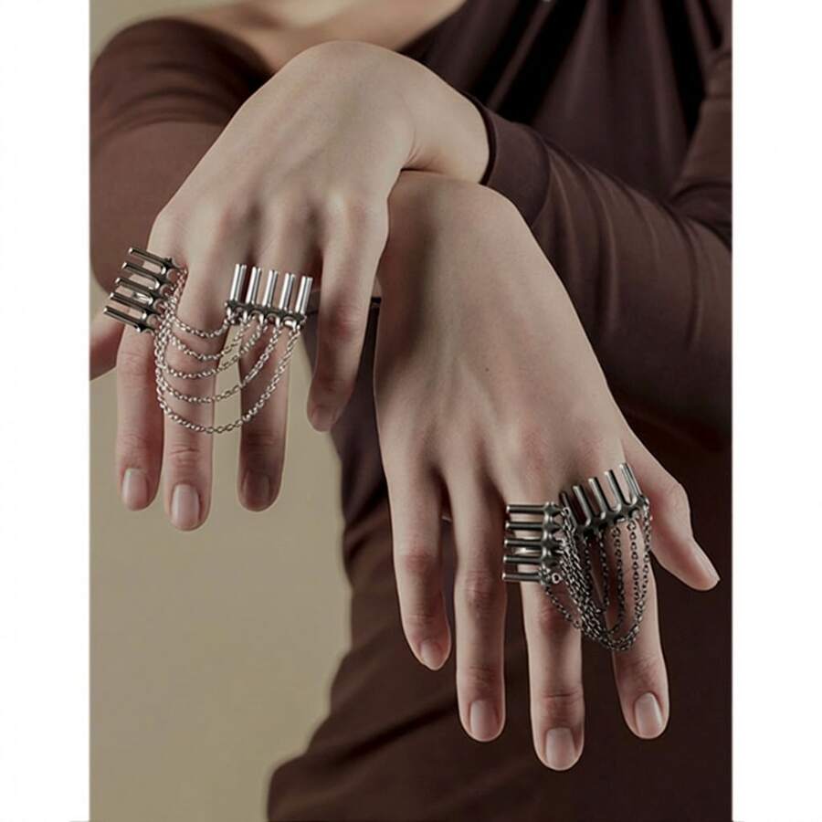 Nhẫn bạc kiểu Punk với chuỗi tua rua xếp lớp, trang sức độc đáo mang phong cách Y2K, phù hợp cho cả nam và nữ, dự tiệc, tiệc chiêu đãi, du lịch hoặc làm quà tặng. - nhiều màu - Xem 1