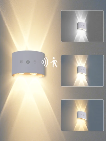 1pc LED Sensing Wall Light, USB Rechargeable With Motion Sensor Lighting, Up And Down Emitting Lighting, Cool White Light/Warm White Light/Neutral White Light, Adjustable Brightness, Suitable For Garage, Fence, Porch, Deck, Terrace, Exterior Wall Lights (1500mAh)