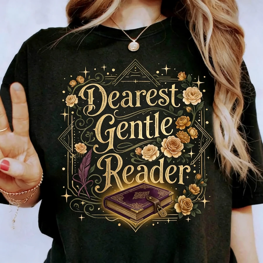 Camiseta "Querido lector", camiseta de romance de la época de la Regencia, cuello redondo, camiseta floral "Spill The Tea", regalo de película romántica para fans. - Negro - Ver 1