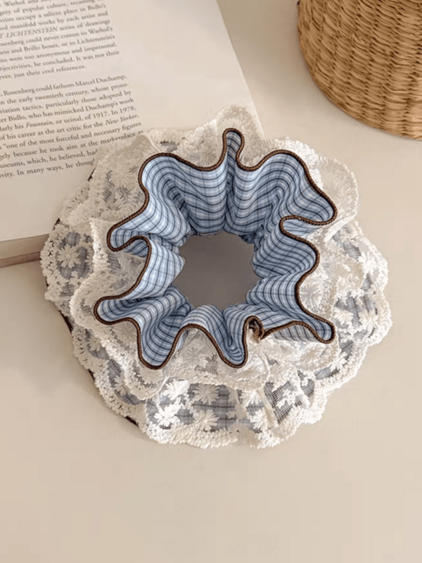 1pc Blue & White Plaid Double-Layer Lace Scrunchie, French Romantic Low Ponytail Hair Tie, Fashionable Hair Accessory For Spring/Summer