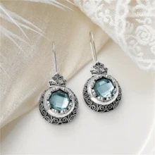 1 par de pendientes con colgante de piedra preciosa sintética con diseño geométrico hueco y tallado texturizado, joyería de moda como regalo para mujeres en bodas y fiestas - Celeste - Ver 5