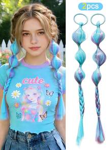 2 pièces Perruques tressées à bulles colorées pour filles, chouchous à cheveux élastiques, convenant pour chignons, couettes, couleur dégradée arc-en-ciel, palette Y2K dopamine, idéal pour les fêtes, les rendez-vous, les séances photo, les représentations sur scène - Multicolore - Voir 8