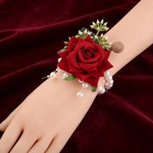 1 chiếc vòng tay nhung màu đỏ tía sang trọng đính hoa hồng và lá, đá pha lê, ngọc trai, co giãn, thích hợp cho cô dâu, phù dâu trong đám cưới, tiệc tùng, ngày Valentine hoặc đeo hàng ngày. - rượu vang đỏ - Xem 4