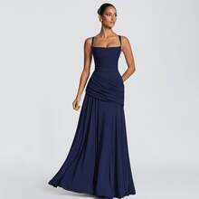 Temperament Solid Color Low-Cut Pleated Suspender Waist Backless Dress - Navy Blue - View 9