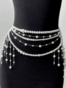 2pcs & 1pc Multi-Layer Faux Pearl Tassel Waist Chain, Fashionable Bridal Waist Chain, Luxury & Elegant, Bridal Gift, Dress Waist Accessory, Wedding - Multicolor - View 6