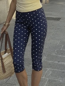 Women Y2k Polka Dot Printed Capris Cute Low Rise Stretchy Cropped Pants Side Bow Tie Skinny Capri Leggings Going Out - 深藍色 - 查看 2