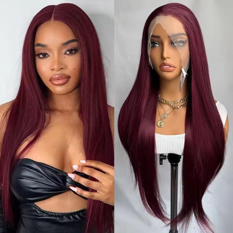 Diniwig 酒红色挑染长款柔顺直发合成蕾丝前假发，适合女性，自然发际线，日常佩戴。