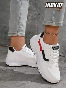 Hidkat Zapatillas con suela gruesa para mujer, zapatos deportivos casuales de malla de caqui transpirables para primavera y otoño, zapatillas de correr de moda de suela antideslizante de caña baja - Blanco - Ver 8
