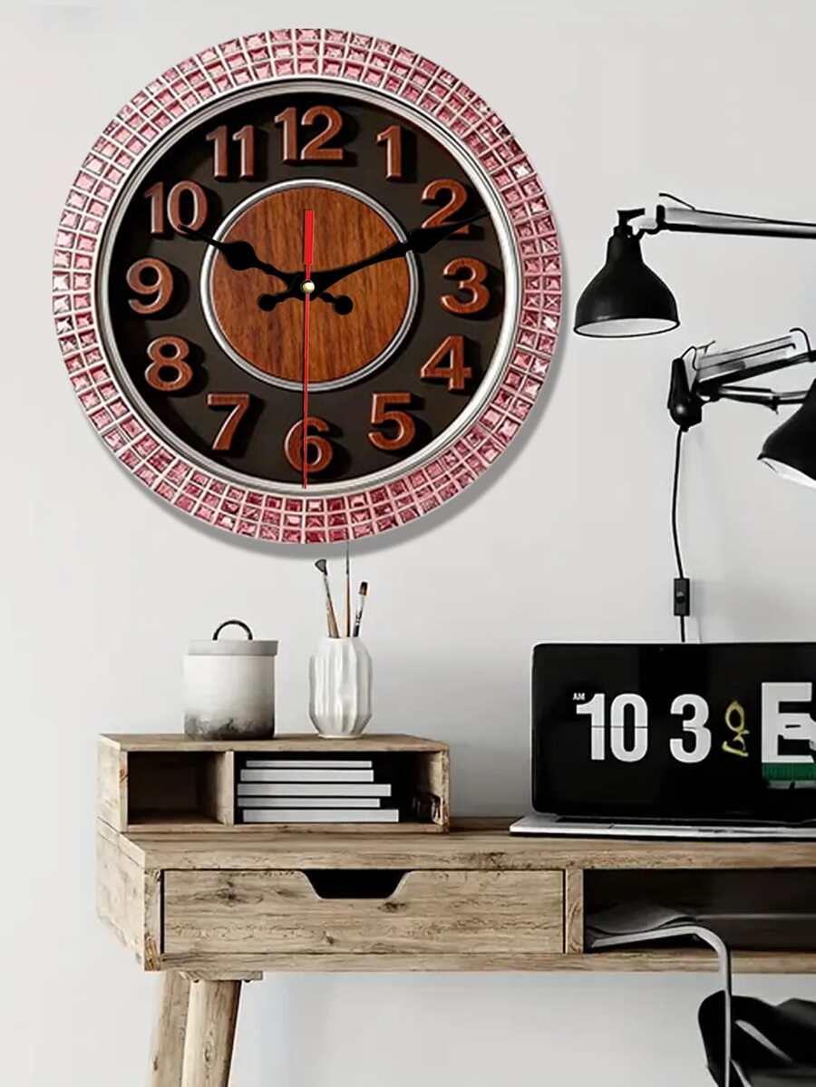2D Flat 1pc Purple Wooden Clock Face With Full Diamonds, Modern Luxury Home Decor Wall Clock, Silent Decorative Creative Clock, 25x30cm (Batteries Not Included) - Multicolor - View 1