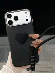 1 Set Black Phone Case With Heart Pendant & Lanyard, Compatible With IPhone 17/17 Pro Max/16/15/14/13/12/11/Pro/Pro Max/Plus, S20-S25/FE/Ultra, Minimalist & Fashionable, Anti-Fall, Anti-Slip, Anti-Scratch, Gift - Black - View 6