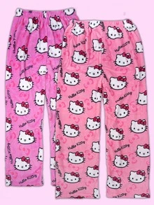 SANRIO 2件套三丽鸥授权法兰绒睡衣，可爱Hello Kitty女士休闲家居裤，粉色卡通KT印花，时尚秋季睡衣 - 彩色 - 查看 1
