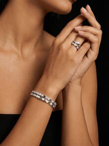 两件套奢华简约锆石镶嵌菱形蜂窝设计开口手镯戒指套装，适合日常佩戴、节日、派对、婚礼、夏季、开斋节/斋月祝福礼物，优雅女士礼品。 - 彩色 - 查看 2
