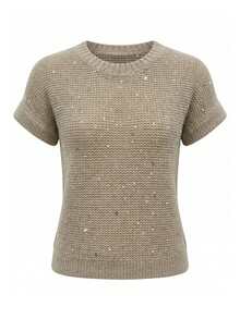 Plus Size Women's Summer Shiny Sequin Knit Short Sleeve Top, Embellished With Exquisite Sequins And Rhinestones, Round Neck Design, Summer Top, Suitable For Daily Wear, Party Occasions And Vacation Wear - Khaki - View 7