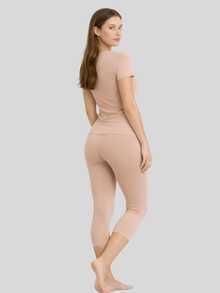 Calça Anágua Feminina Modeladora Capri Segunda Pele Cintura Alta Confortável Sem Costura - Bege - Visão 4
