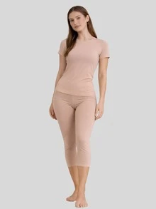 Calça Anágua Feminina Modeladora Capri Segunda Pele Cintura Alta Confortável Sem Costura - Bege - Visão 3