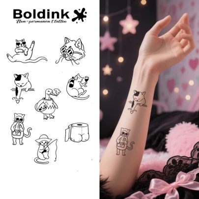  Boldink 2张趣味猫咪临时纹身贴纸，防水人体彩绘，可持续1-2周，植物配方，温和亲肤，适合日常佩戴，甜美少女风装饰，送给爱猫人士的完美礼物