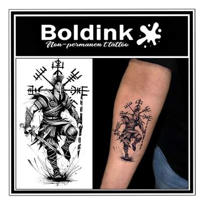  2 PIEZAS Tatuajes temporales decorativos de guerrero vikingo nórdico de Boldink, tatuajes de arte corporal resistentes al agua, duraderos 1-2 semanas, tatuajes de jugo de frutas, ideales para decoración corporal diaria, regalos para hombres y gamers