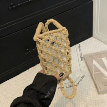 北岛电报薯条编织水桶包，女士夏季手提包，单肩斜挎包 - 卡其色 - 查看 2