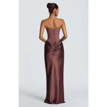 Waist-Closed Sexy Tube Top Hip-Wrapped Satin Lace-Up Dress - Reddish-brown - View 6