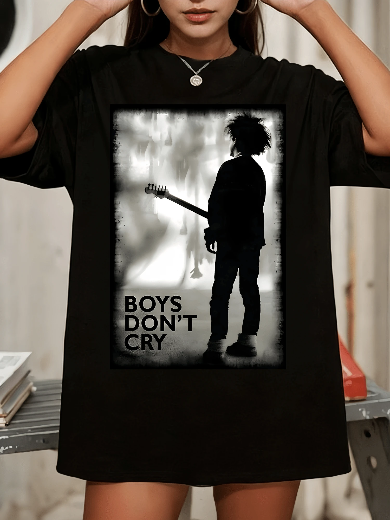 The CureS Robert Smith Silhouette Print Loose Fit Crew Neck Tee - Black - View 1