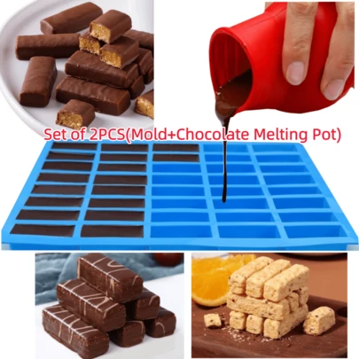 2pcs/Set (Mold + Chocolate Melting Pot) Slim Rectangle Cereal Bar Mold, Silicone Caramel Candy Mold, Nutritious Cereal Bar Mold, Chocolate Truffle Ganache Bread Brownie Cornbread Cheesecake Pudding Butter Mold, Beads, Tray