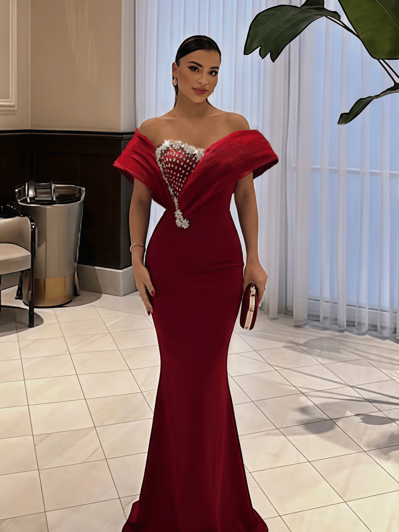 Shiny Patchwork Zipper Mesh Rhinestone Embellished Formal Evening Gown Wedding Spring Party Red - Red - View 1