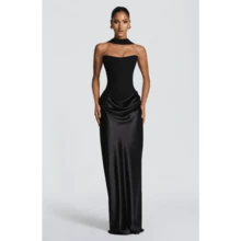 Waist-Closed Sexy Tube Top Hip-Wrapped Satin Lace-Up Dress - 黑色 - 查看 9