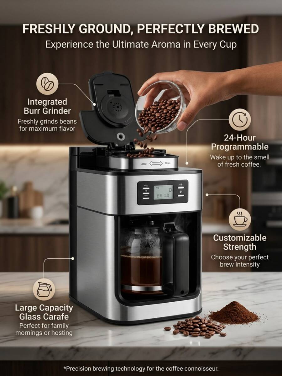 Coffee Bean Automatic Grinding Function,Stainless Steel Body Coffee Basket Detachable With Insulation Function, 1050W 1L 34 Ounces With LCD Display Screen Control Coffee Machine,Coffee Bean Container Capacity 60g,24-Hour Reservation Function
