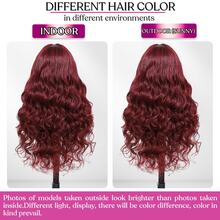 13x4蕾丝前假发，真人前额发丝，波浪卷蕾丝前额，预先拔毛，漂白发结，自然发际线，酒红色99j，预先拔毛，200密度高清蕾丝前额，混合发丝，易于佩戴，适合女性日常、派对、婚礼等场合，28英寸 - SBUG - 查看 11