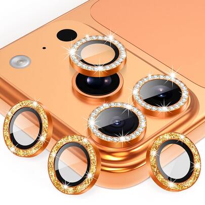 Bộ 6 món: Miếng dán bảo vệ ống kính camera cho iPhone 17 Pro 6.3 inch / 17 Pro Max 6.9 inch, đính kim cương lấp lánh và vòng kim loại lấp lánh, kính cường lực 9H, màu cam lấp lánh.