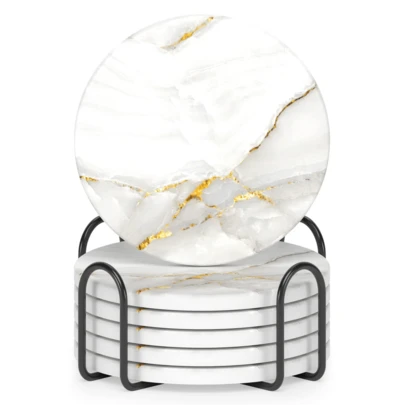 6pcs Absorbent Ceramic Coaster Set With Holder - Marble Style Drink Coasters With Soft Cork Base, Quick Dry Coasters For Home And Kitchen Decor - Ideal Housewarming Gift - Round, White And Gold