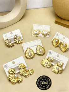 6对304不锈钢镀金珍珠耳环套装，复古心形花朵水滴耳环，低过敏性时尚首饰，适合女性日常佩戴和节日礼物 - 金色 - 查看 1