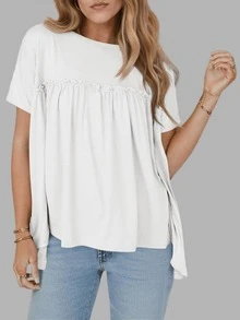 Women's Summer Pleated Babydoll Top Short Sleeve Crew Neck Peplum Blouse Loose Fit T Shirt - 白色 - 查看 2