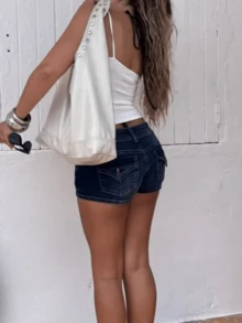 Women's Denim Shorts  Low Rise Slim Fit Micro Mini Shorts With Pocket Detail, Multi-Color Washed Casual Shorts For Summer Streetwear  Vacation - Dark Blue - View 4