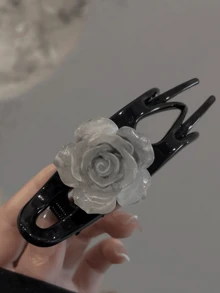 1件复古朦胧灰山茶花燕尾单字鸭嘴发夹女款后脑勺发爪夹高端 - 灰色 - 查看 1