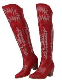Summer Boots Riding Knee Thick Heels Embroidery Women's Country Concert Combat Cowgirl Red Boots Women Outfits & Western Chic Festival Shoes - 紅色長管 - 查看 8