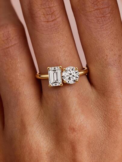 Bộ nhẫn vàng đính đá Cubic Zirconia hình vuông và tròn dành cho nữ; Bộ nhẫn đính hôn Toi Et Moi + Toi-Et-Moi; Kiểu dáng thanh lịch; Có thể đeo chồng lên nhau; Thời trang đa năng.