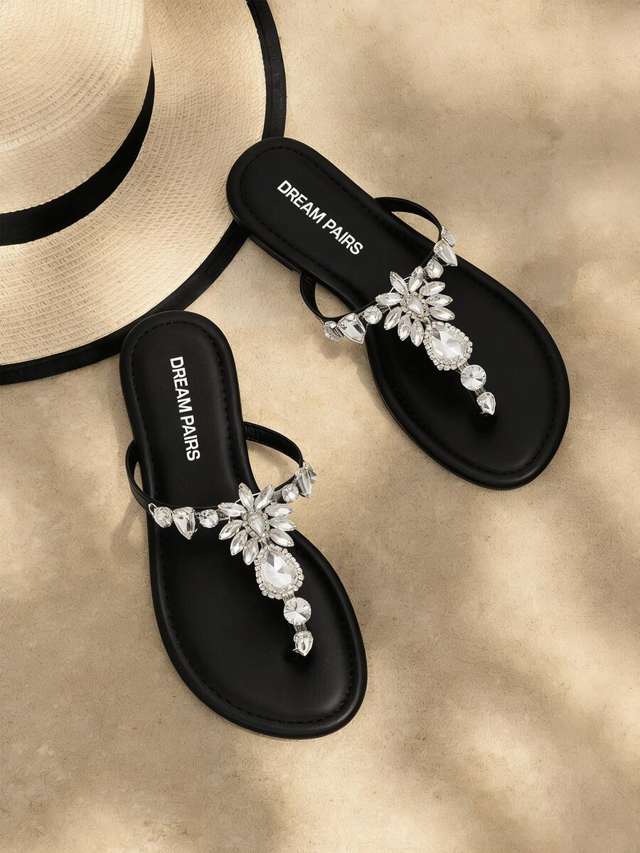 Women Flat Sandals Rhinestone T-Strap Flip Flops Thong Sandals Vacation Beach Casual Chic Party Slip On Sandals Shoes - 黑色 - 查看 1