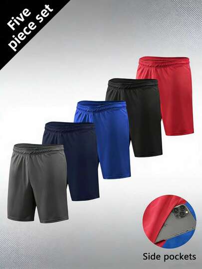 Bộ 5 quần short bóng rổ nam thoáng khí bằng lưới, có túi bên hông, nhanh khô, thích hợp cho tập gym, chạy bộ, tập luyện thể dục.