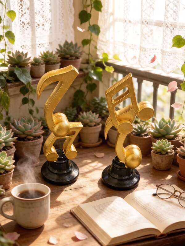 1Pc Golden Music Note Figurine, Modern Resin Musical Symbol Sculpture, Creative Desk Decor For Home Office Living Room, Aesthetic Tabletop Ornament Gift For Music Lovers